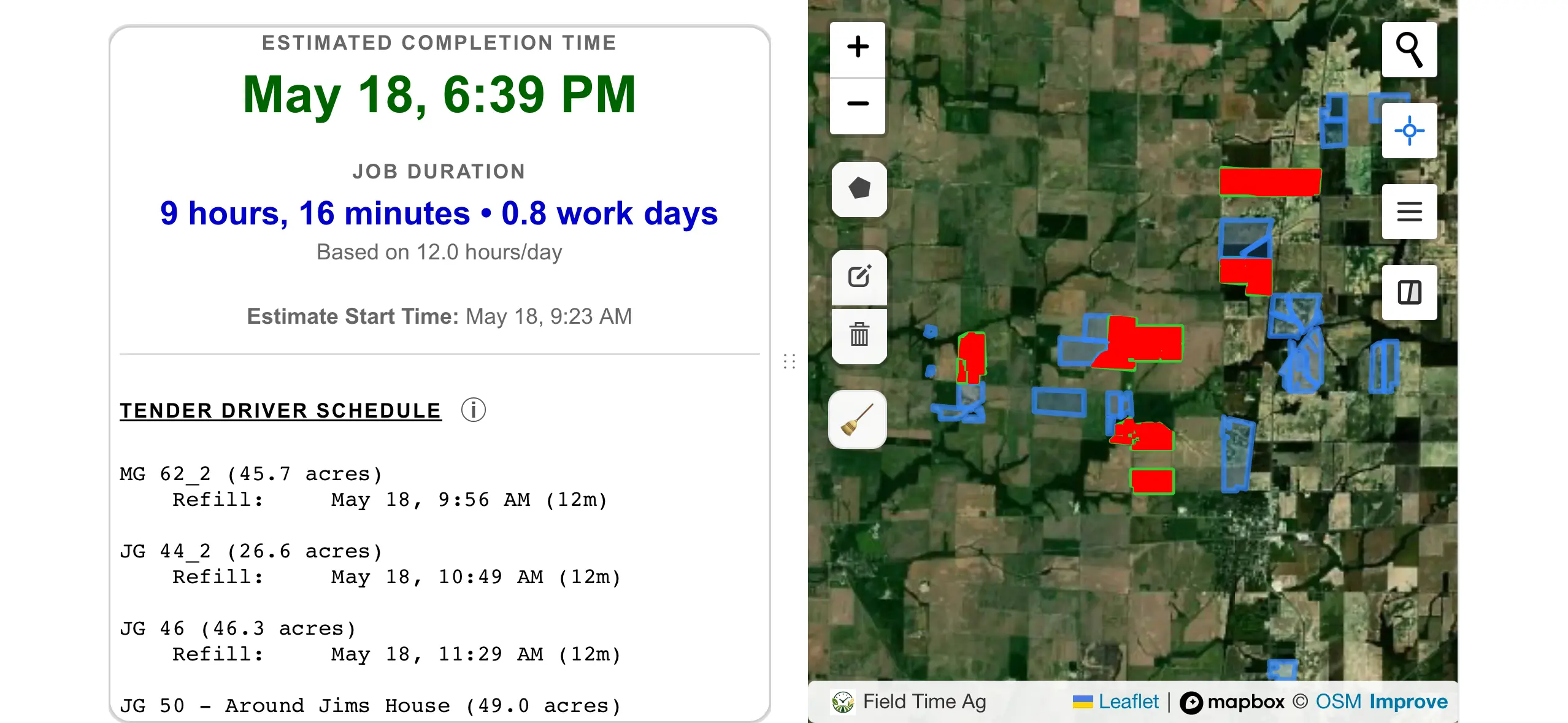 Field Time Ag tender driver view showing when field support will be needed